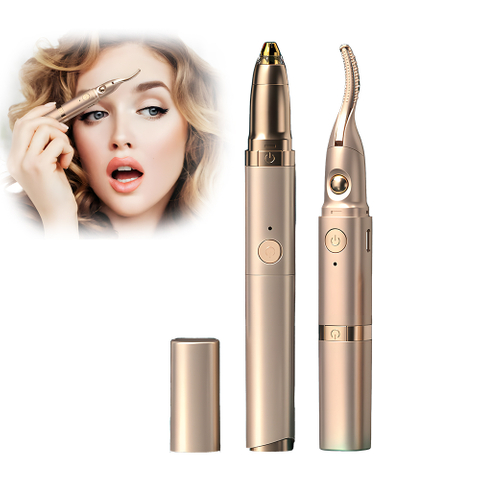 2 In 1 Portable Usb Rechargeable Painless Eyebrow Trimmer & Electric Heated Eyelash Curler For Women