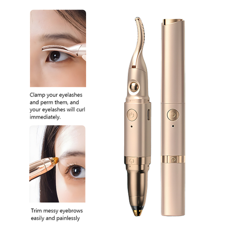 2 In 1 Portable Usb Rechargeable Painless Eyebrow Trimmer & Electric Heated Eyelash Curler For Women